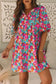 Sky Blue Floral Print Tie Split Neck Bubble Sleeve Baby-doll Dress - Fashionfitz