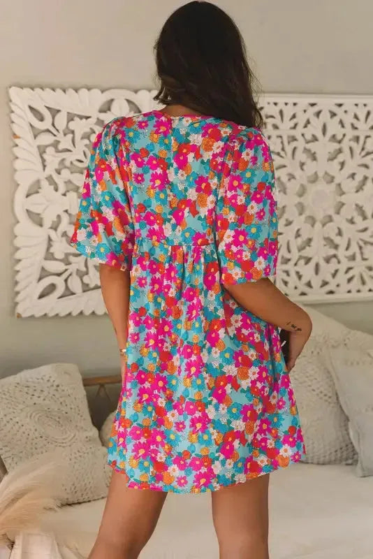 Sky Blue Floral Print Tie Split Neck Bubble Sleeve Baby-doll Dress - Fashionfitz
