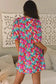 Sky Blue Floral Print Tie Split Neck Bubble Sleeve Baby-doll Dress - Fashionfitz