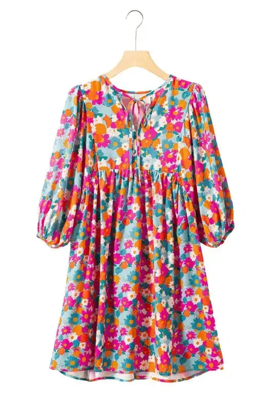 Sky Blue Floral Print Tie Split Neck Bubble Sleeve Baby-doll Dress - Fashionfitz