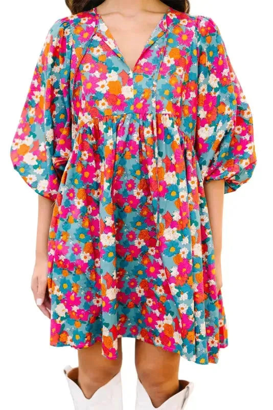Sky Blue Floral Print Tie Split Neck Bubble Sleeve Baby-doll Dress - Fashionfitz