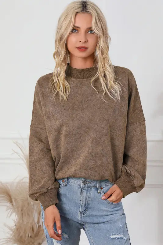 Red dahlia drop shoulder crew neck pullover sweatshirt - tops