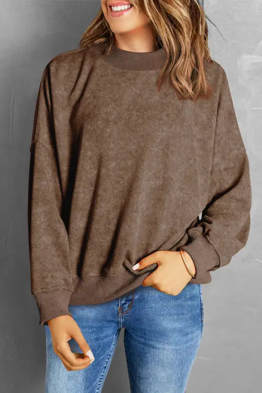 Red dahlia drop shoulder crew neck pullover sweatshirt - tops