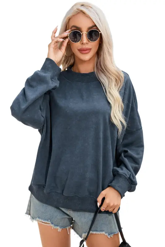 Red dahlia drop shoulder crew neck pullover sweatshirt - tops