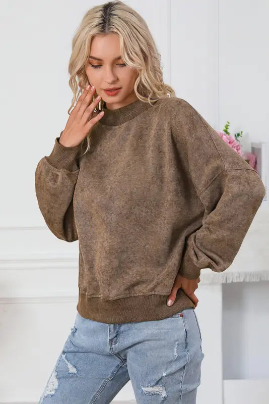 Red dahlia drop shoulder crew neck pullover sweatshirt - tops