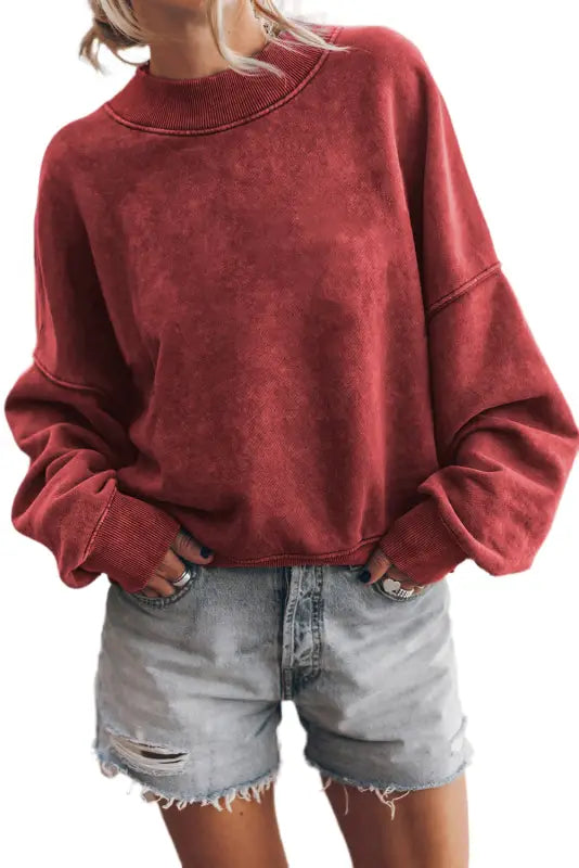 Red dahlia drop shoulder crew neck pullover sweatshirt - tops