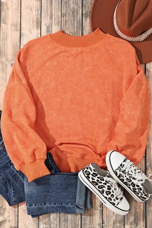 Red dahlia drop shoulder crew neck pullover sweatshirt - tops