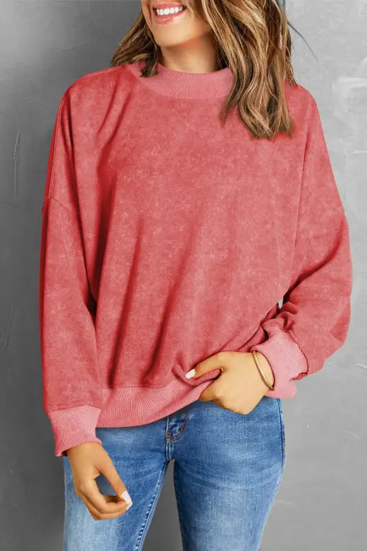 Red dahlia drop shoulder crew neck pullover sweatshirt - tops