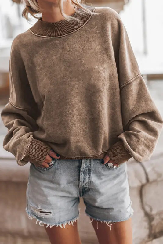 Red dahlia drop shoulder crew neck pullover sweatshirt - brown / s / 75% polyester + 25% cotton - tops