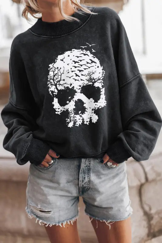 Red dahlia drop shoulder crew neck pullover sweatshirt - black2 / s / 75% polyester + 25% cotton - tops