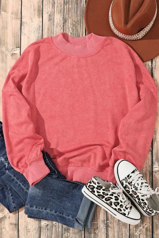 Red dahlia drop shoulder crew neck pullover sweatshirt - tops