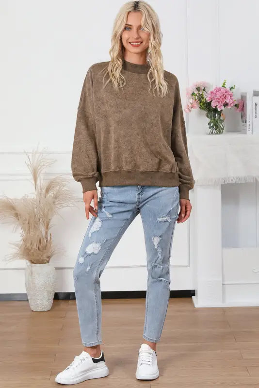 Red dahlia drop shoulder crew neck pullover sweatshirt - tops