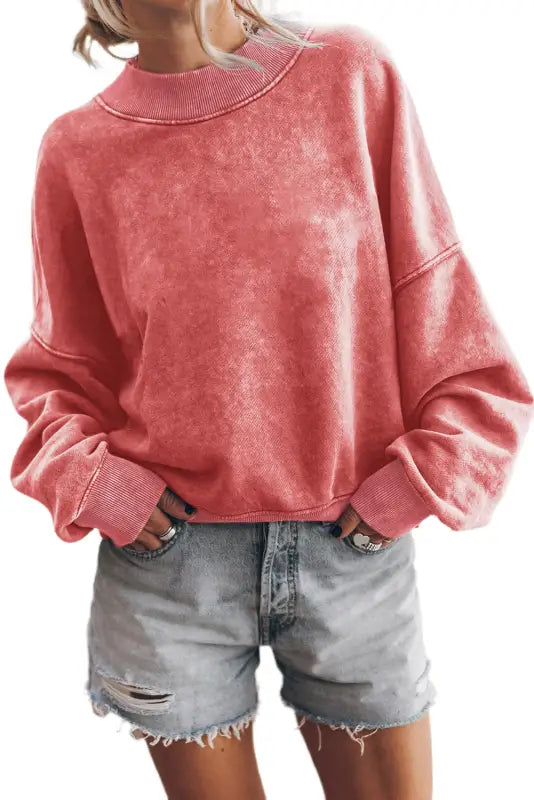 Red dahlia drop shoulder crew neck pullover sweatshirt - tops