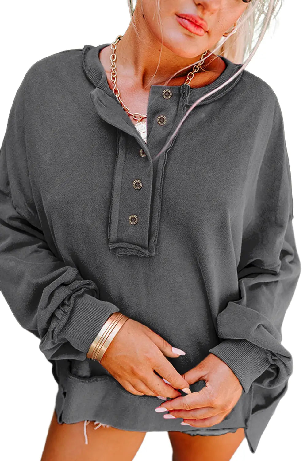 Drop shoulder henley buttons sweatshirt - sweatshits & hoodies