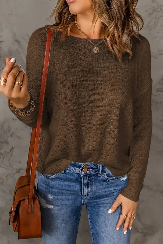 Drop shoulder pullover sweater - brown / s / 60% acrylic + 40% polyamide - sweaters