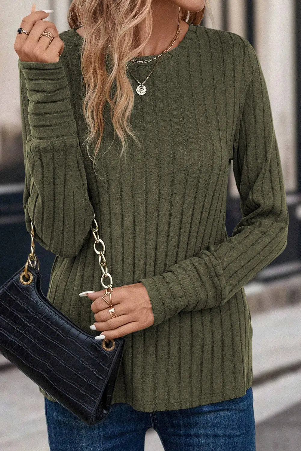 Duffel green ribbed knit long sleeve top - tops