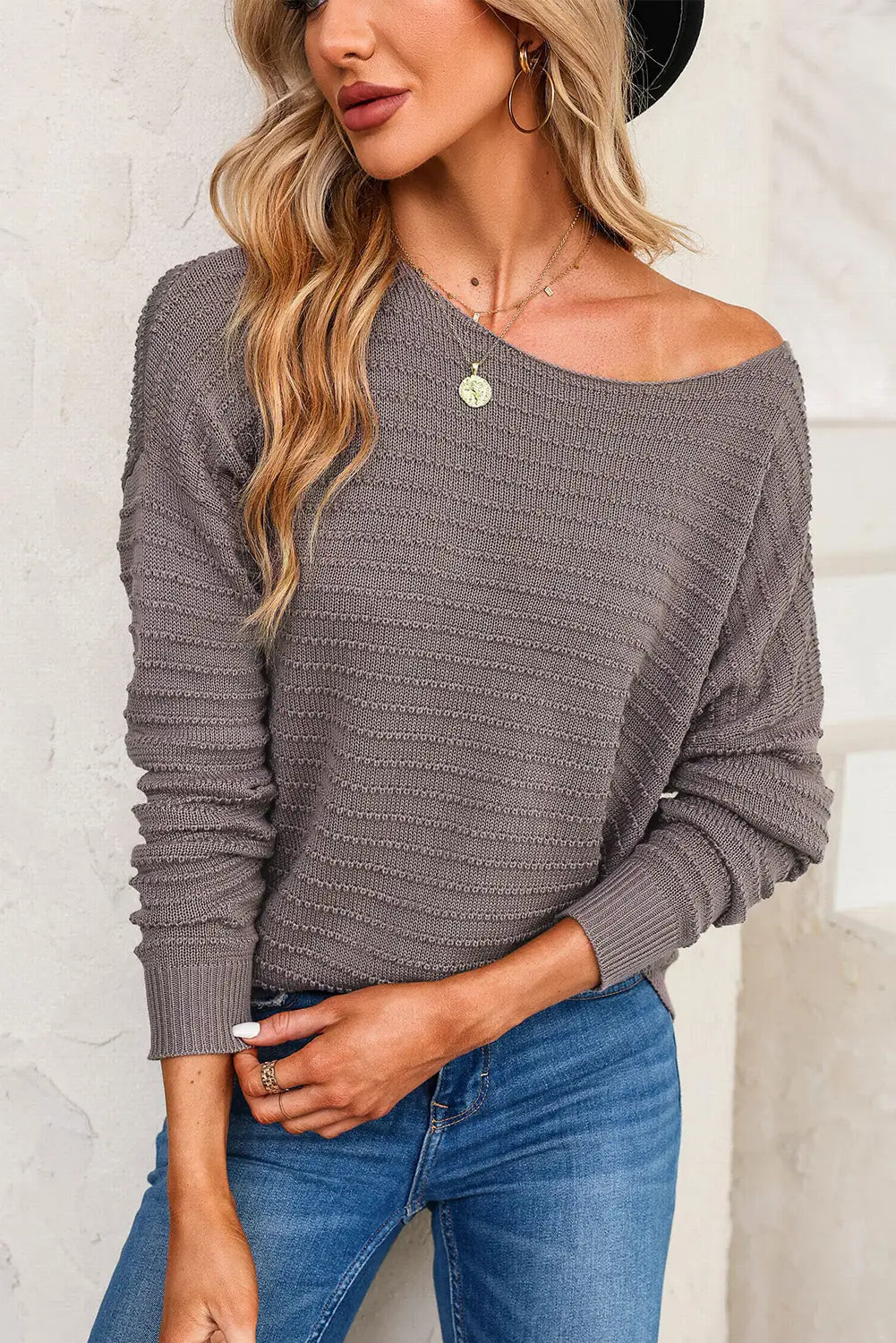 Duffel green textured knit round neck dolman sleeve sweater - gray / l / 55% acrylic + 45% cotton - sweaters & cardigans