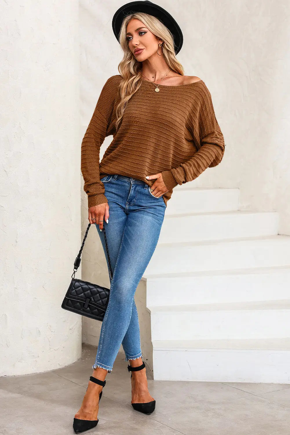 Duffel green textured knit round neck dolman sleeve sweater - sweaters & cardigans