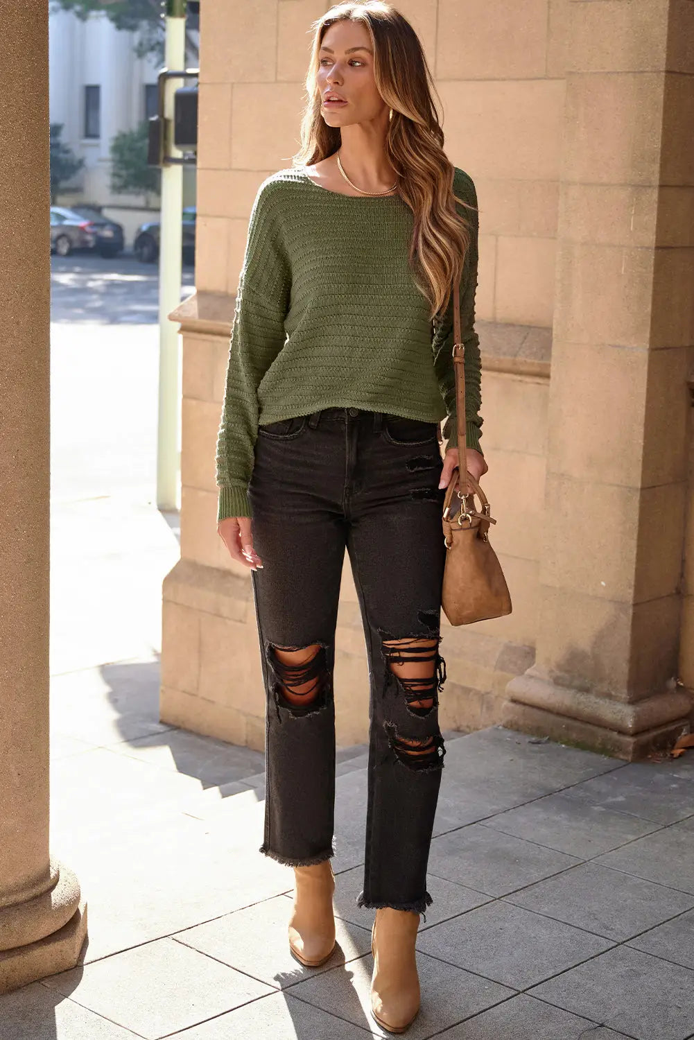 Duffel green textured knit round neck dolman sleeve sweater - sweaters & cardigans