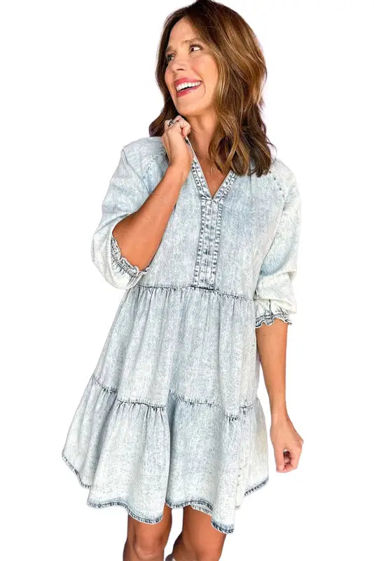 Dusk blue acid wash retro half sleeve flared denim dress - mini dresses