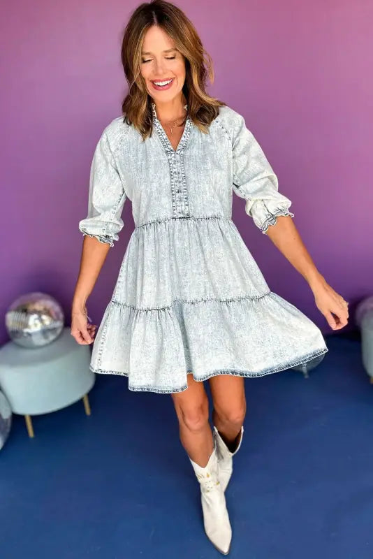 Dusk blue acid wash retro half sleeve flared denim dress - mini dresses