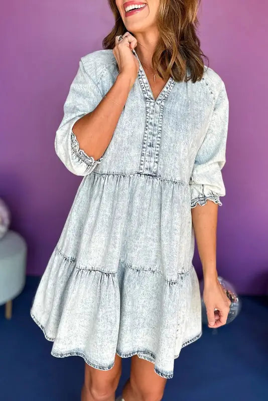 Dusk blue acid wash retro half sleeve flared denim dress - l / 100% cotton - mini dresses