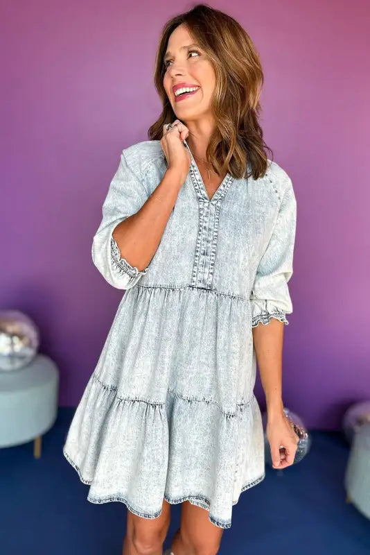 Dusk blue acid wash retro half sleeve flared denim dress - mini dresses