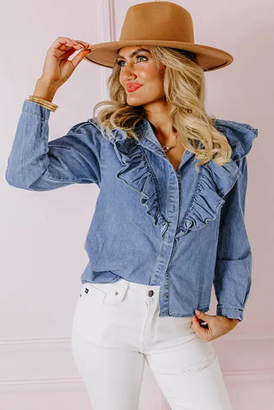 Dusk blue denim ruffled shirt - tops/blouses & shirts