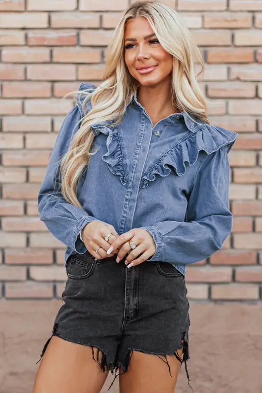 Dusk blue denim ruffled shirt - tops/blouses & shirts