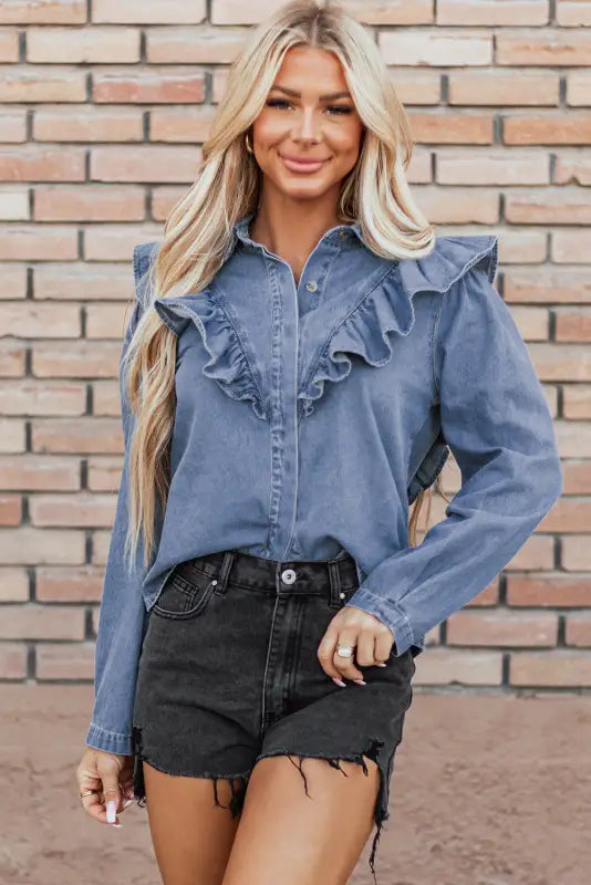 Dusk blue denim ruffled shirt - tops/blouses & shirts