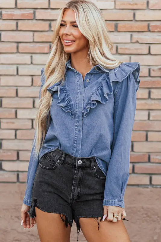 Dusk blue denim ruffled shirt - tops/blouses & shirts