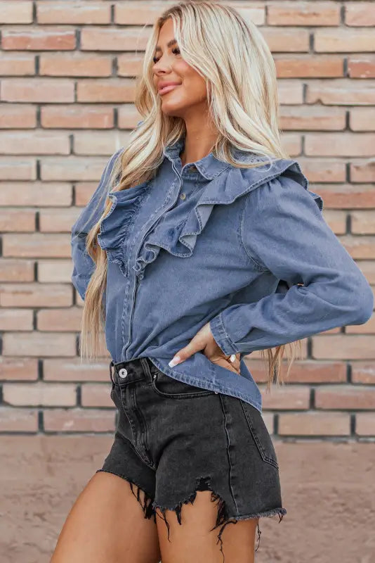 Dusk blue denim ruffled shirt - tops/blouses & shirts