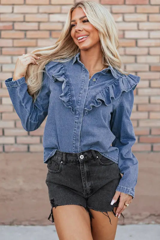 Dusk blue denim ruffled shirt - tops/blouses & shirts