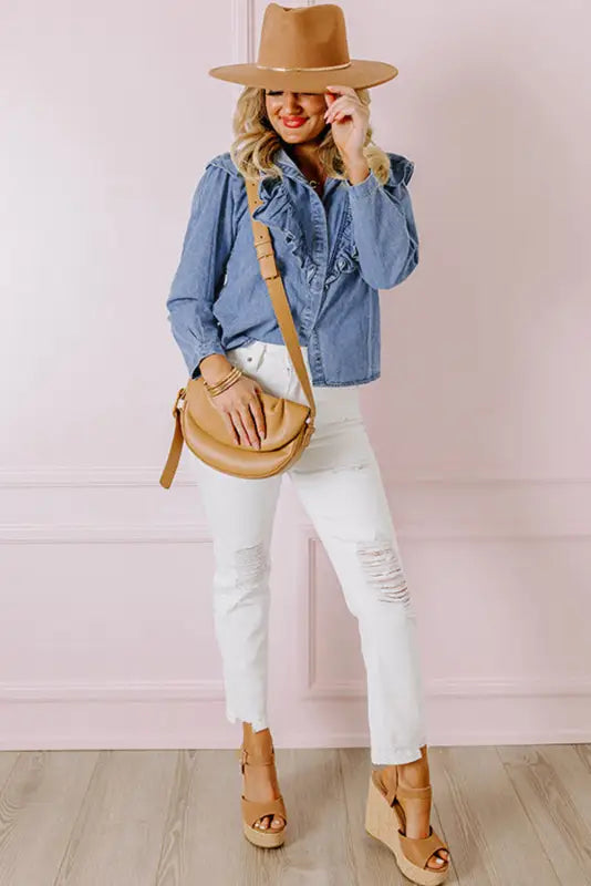 Dusk blue denim ruffled shirt - tops/blouses & shirts