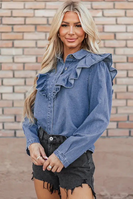 Dusk blue denim ruffled shirt - tops/blouses & shirts