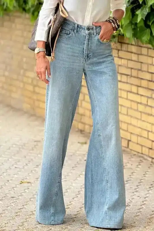Dusk blue acid wash extra wide leg high waist jeans front view — Fashionfitz UK