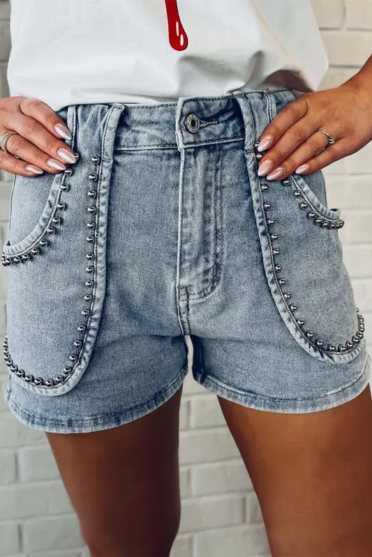 Dusk blue studded acid wash denim shorts - 6 / 75% cotton + 23% polyester + 2% elastane - bottoms/denim