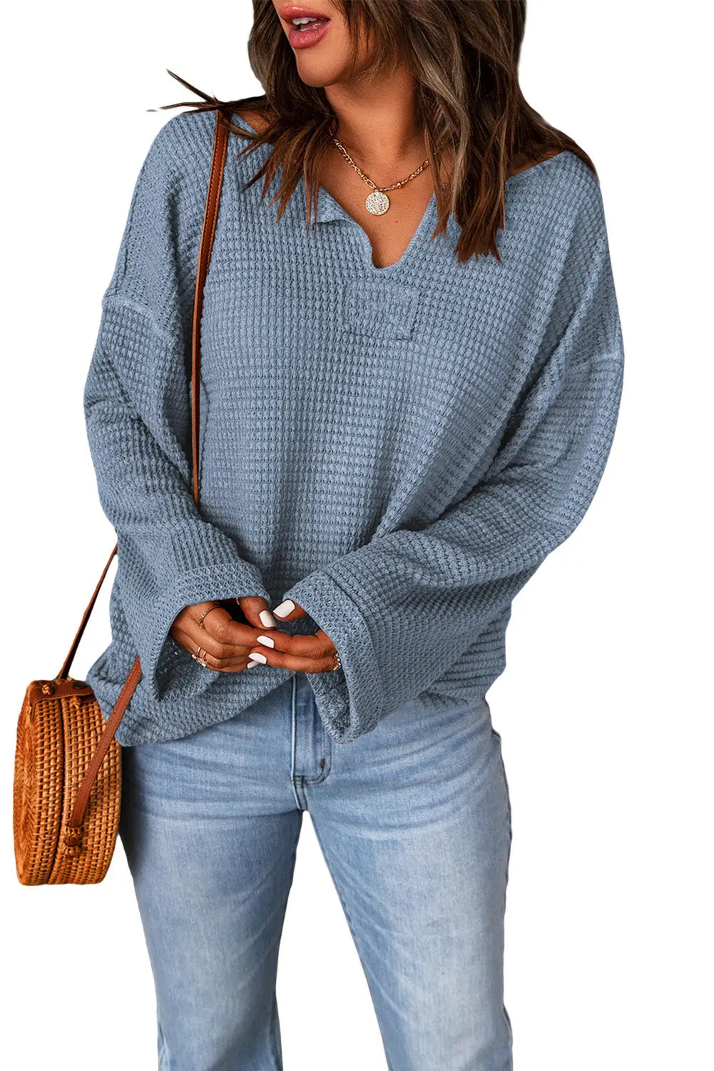 Dusk blue waffle knit loose long sleeve top - tops