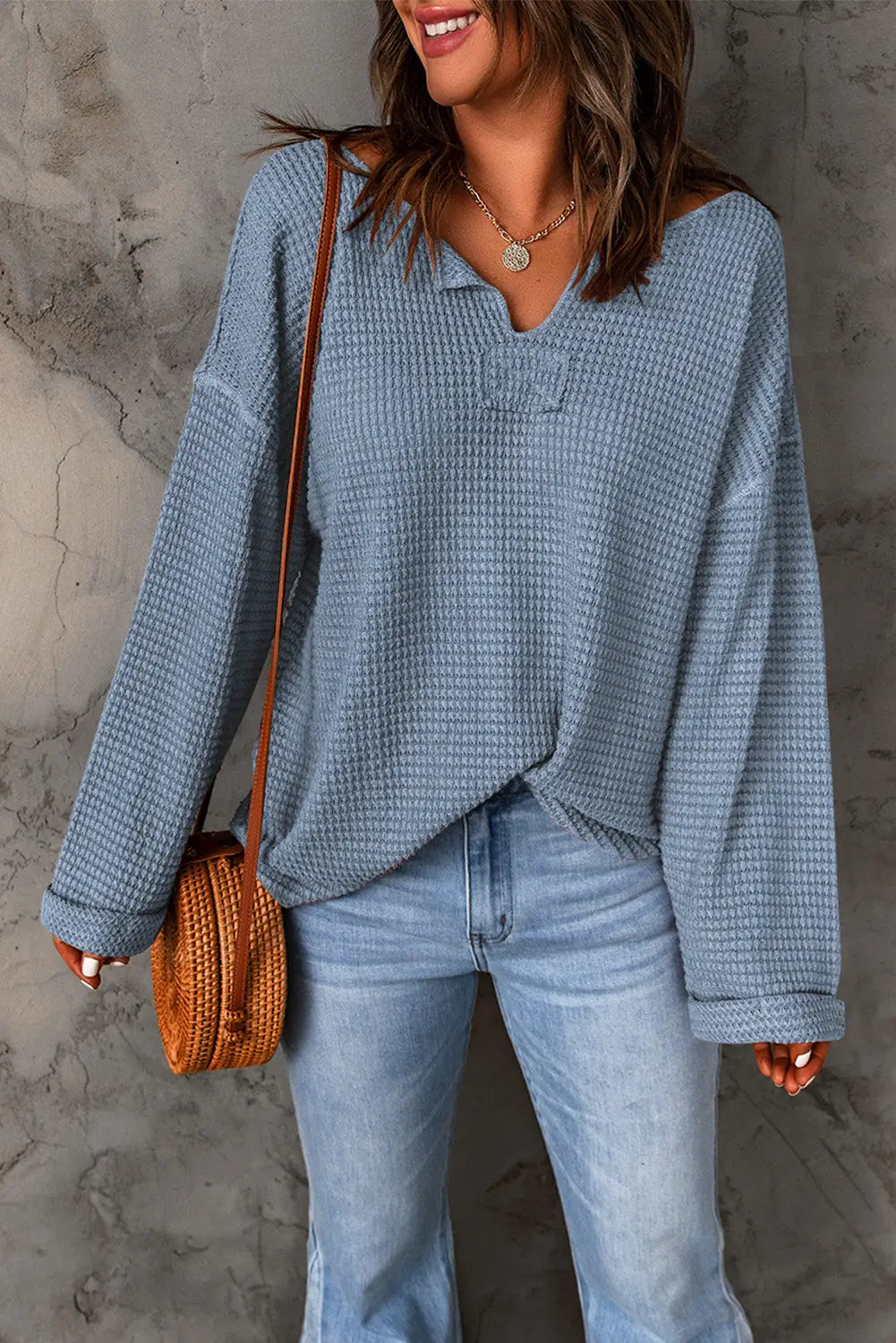 Dusk blue waffle knit loose long sleeve top - tops