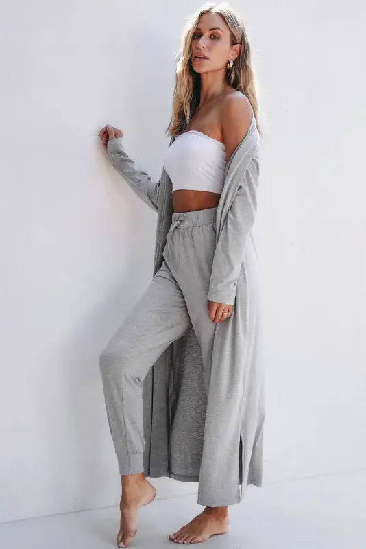 Duster cardigan and skinny pants lounge set - black