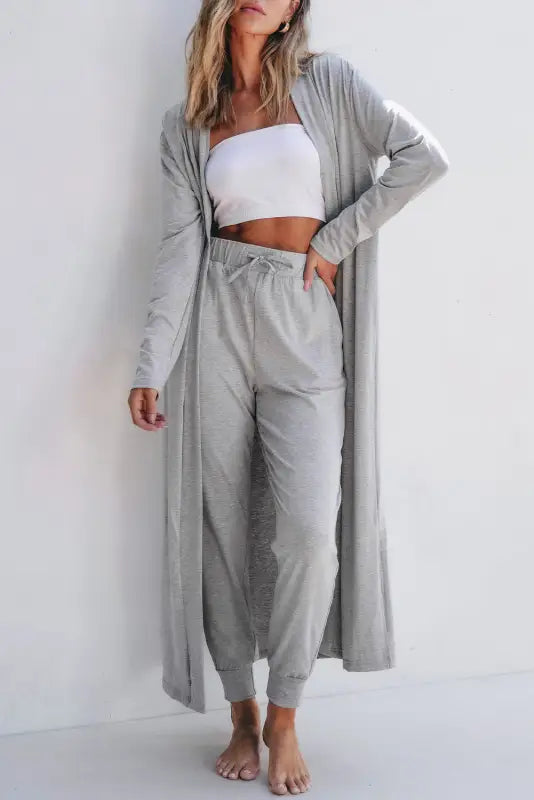 Duster cardigan and skinny pants lounge set - black