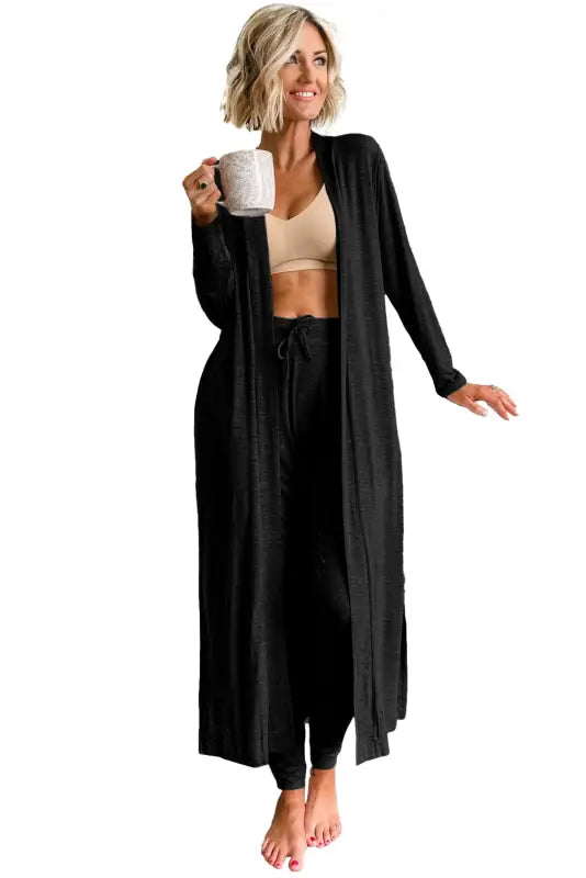 Duster cardigan and skinny pants lounge set - black