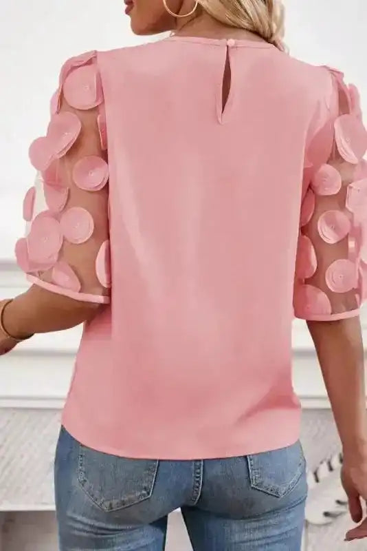 Dusty Pink Contrast Applique Mesh Half Sleeve Blouse - Fashionfitz