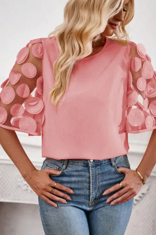 Dusty pink contrast applique mesh half sleeve blouse - tops/blouses & shirts