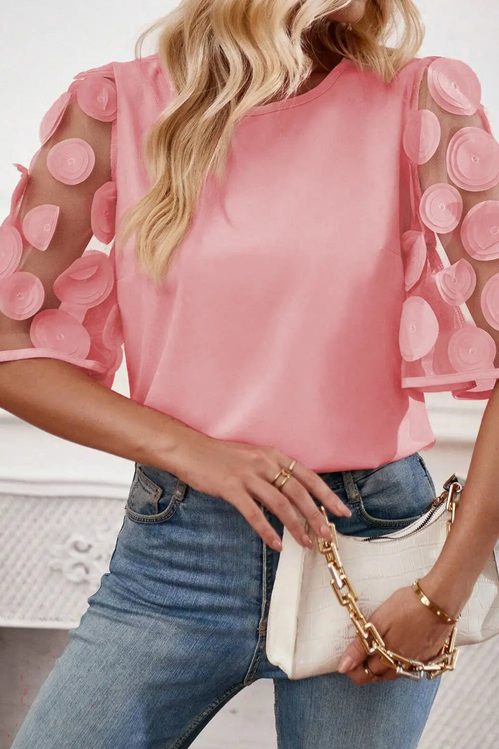 Dusty pink contrast applique mesh half sleeve blouse - s / 100% polyester - tops/blouses & shirts