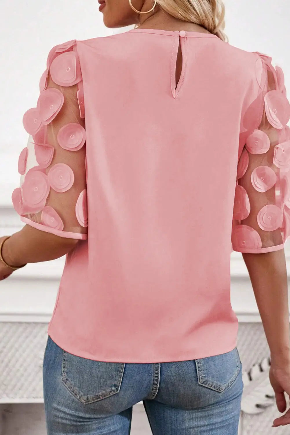 Dusty pink contrast applique mesh half sleeve blouse - tops/blouses & shirts