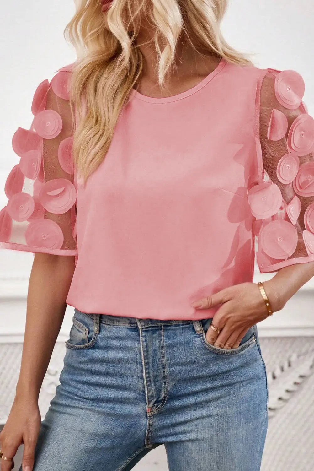 Dusty pink contrast applique mesh half sleeve blouse - tops/blouses & shirts