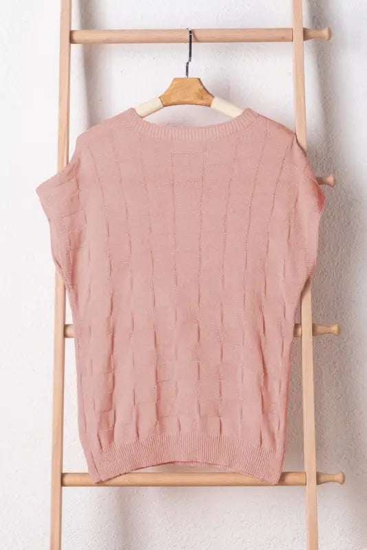 Dusty pink lattice textured knit short sleeve sweater - new