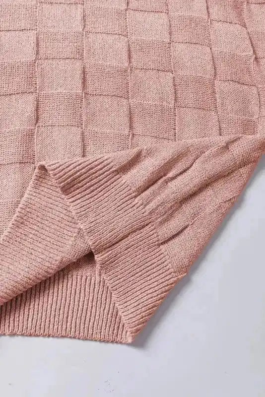 Dusty Pink Lattice Textured Knit Short Sleeve Sweater - Fashionfitz