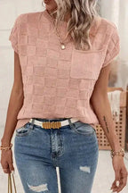 Dusty Pink Lattice Textured Knit Short Sleeve Sweater - Fashionfitz